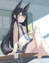  animal_ear_fluff animal_ears arm_support black_hair black_skirt blue_necktie blurry blurry_background bright_pupils bulletin_board collared_shirt commentary crossed_legs day desk dot_nose feet female foot_out_of_frame fox_ears fox_girl fox_tail hand_on_own_knee highres indoors kuromitsu_nene long_hair long_sleeves looking_at_viewer loose_necktie necktie oerba_yun_fang on_desk open_mouth original panties pantyshot poco_(asahi_age) school_uniform shirt single_sock sitting skirt socks soles solo sunlight sweater tail toe_scrunch toenails toes underwear unworn_socks very_long_hair white_panties white_pupils white_shirt white_socks yellow_eyes yellow_sweater 