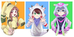  2boys amanokawa_hiro angoramon angoramon_(cosplay) bandaged_wrist bandages claw_pose cosplay digimon digimon_ghost_game female gammamon gammamon_(cosplay) hamako hand_on_own_hip higashimitarai_kiyoshiro highres hood hoodie jellymon jellymon_(cosplay) long_sleeves multiple_boys scar scar_on_ear sleeves_past_fingers sleeves_past_wrists tsukiyono_ruli 