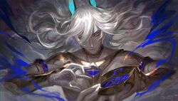  1boy arjuna_(fate) arjuna_alter_(fate) egawa_akira expressionless fate/grand_order fate_(series) gloves grey_eyes highres jewelry looking_at_viewer male_focus pale_skin solo upper_body white_gloves white_hair 