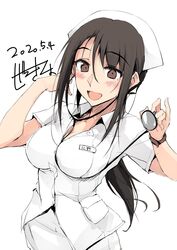  :d black_hair blush breasts brown_eyes dated female hat highres kitano_(zekkyon) large_breasts long_hair name_tag nurse nurse_cap open_mouth original shirt short_sleeves sidelocks signature simple_background skirt smile solo standing stethoscope watch white_background white_shirt white_skirt wristwatch zekkyon 