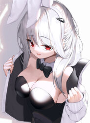  :d animal_ears black_bow black_bowtie black_leotard bow bowtie breasts bunny_girl_(dduck_kong) cleavage collar commentary covered_navel dduck_kong detached_collar english_commentary fake_animal_ears female from_above grey_background grey_hair hair_between_eyes hair_ornament hairband hairclip highres jacket leotard long_hair long_sleeves looking_at_viewer looking_up medium_breasts open_clothes open_jacket open_mouth original photoshop_(medium) playboy_bunny rabbit_ears red_eyes sleeves_past_wrists smile solo strapless strapless_leotard white_collar white_hairband white_jacket wing_collar 