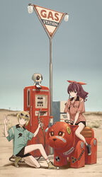  2girls absurdres aqua_shirt black_footwear black_shorts blonde_hair blue_eyes blue_sky brown_footwear brown_hair commentary day deg_(deguana) desert english_text gas_pump gas_pump_nozzle gas_station green_eyes hands_up highres ichinose_shiki idolmaster idolmaster_cinderella_girls long_hair looking_at_viewer miyamoto_frederica multiple_girls outdoors pink_shirt seiza shirt shoes short_hair shorts sign sitting sky socks white_legwear 