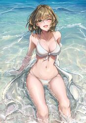  ;d arm_support bikini blush bob_cut breasts cleavage collarbone female front-tie_bikini_top front-tie_top green_hair highres idolmaster idolmaster_cinderella_girls looking_at_viewer medium_breasts mole mole_under_eye navel nyome991 one_eye_closed sitting sitting_on_water skindentation smile solo swimsuit takagaki_kaede waves wet_jacket white_bikini 