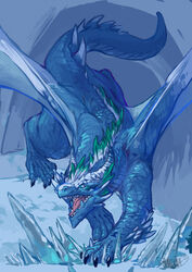  2022 babanasaur black_claws blue_body blue_eyes blue_scales cave claws digital_media_(artwork) diinfaadyah dragon facial_spikes feral frill_(anatomy) head_crest head_frill hi_res ice ice_cave looking_forward male membrane_(anatomy) membranous_wings mythological_creature mythological_scalie mythology open_mouth scales scalie signature snow solo spikes spikes_(anatomy) spread_wings tail tail_ridge teeth tongue wings 