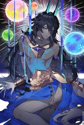  1boy arjuna_(fate) arjuna_alter_(fate) armlet artist_name black_hair blue_horns blue_liquid bracelet chest_tattoo dark-skinned_male dark_skin eyeshadow fate/grand_order fate_(series) feet_out_of_frame gloves grey_eyes hair_between_eyes highres horns jewelry long_hair looking_at_viewer makeup male_focus orb solo sqloveraven tattoo twisted_torso very_dark_skin 