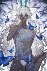  1boy androgynous arjuna_(fate) arjuna_alter_(fate) artist_name blue_butterfly blue_horns blue_nails blue_ribbon bug butterfly choker commentary dark-skinned_male dark_skin eyeshadow fate/grand_order fate_(series) grey_eyes hair_between_eyes hand_up highres horns long_hair looking_at_viewer makeup male_focus navel ribbon ribbon_choker solo sqloveraven standing symbol-only_commentary tail tongue tongue_out topless_male very_dark_skin very_long_hair white_hair 