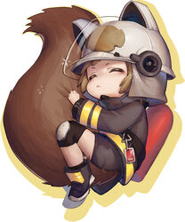  animal_ears_helmet arknights brown_hair chibi commentary female fire_helmet firefighter firefighter_jacket fluffy highres jacket knee_pads large_tail okitanation oxygen_tank photoshop_(medium) shaw_(arknights) short_hair shorts sleeping solo squirrel_girl squirrel_tail tail white_background 