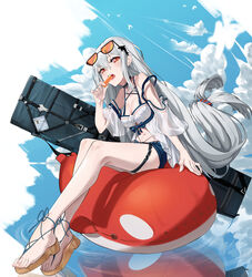  absurdres amian-a arknights bare_legs bare_shoulders black_choker blue_shorts blue_sky breasts brown_footwear chinese_commentary choker cleavage cloud commentary eating eyewear_on_head female food full_body hair_between_eyes hair_ornament hat highres holding holding_food inflatable_orca inflatable_toy long_hair looking_at_viewer low-tied_long_hair medium_breasts navel no_headwear official_alternate_costume orca_hair_ornament popsicle red_eyes reflection sandals shirt shorts sitting sitting_on_object skadi_(arknights) skadi_(waverider)_(arknights) sky solo sunglasses swimsuit thigh_strap thighs water weapon_case white_background white_shirt 