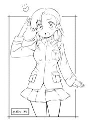  :d aged_down asymmetrical_bangs border character_name chi-hatan_military_uniform commentary cowboy_shot female girls_und_panzer greyscale heart highres itsumip jacket line_art long_sleeves looking_at_viewer medium_hair military military_uniform miniskirt monochrome nishi_kinuyo notice_lines open_mouth outside_border pleated_skirt skirt smile solo standing straight_hair translated uniform 