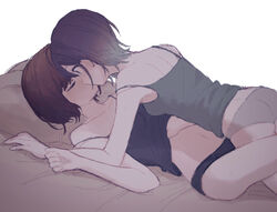  2girls asakura_toru bare_arms black_camisole black_panties blush brown_hair camisole camisole_lift clothes_lift collarbone commentary_request cowgirl_position gradient_hair grey_camisole grey_panties hand_on_another&#039;s_chest higuchi_madoka idolmaster idolmaster_shiny_colors kissing lifting_another&#039;s_clothes lying multicolored_hair multiple_girls navel nonaprev on_back on_bed panties pillow purple_hair short_hair shoulder_blades simple_background strap_slip sweat underwear white_background yuri 