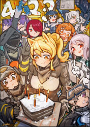  &gt;_&lt; &gt;_o 1boy 1other 6+girls :&lt; :d :p ? absurdres amiya_(arknights) amiya_(newsgirl)_(arknights) animal_ears ansel_(arknights) arknights armor artist_name beagle_(arknights) birthday birthday_cake black_gloves black_hair black_jacket blonde_hair blue_eyes blue_jacket breasts brown_eyes brown_hair cake candle cardigan_(arknights) commentary demon_horns doctor_(arknights) dog_ears ears_through_headwear exusiai_(arknights) feater_(arknights) food glasses gloves goggles goggles_on_head grey_hair hair_over_one_eye halo head_rest helmet hibiscus_(arknights) highres hood hood_up horns index_fingers_raised jacket jumbowhopper lava_(arknights) long_hair looking_at_viewer mask mechanical_arms medium_breasts multicolored_hair multiple_girls nearl_(arknights) official_alternate_costume one_eye_closed open_mouth orange_hair panda_ears pink_hair ponytail purple_eyes purple_hair rabbit_boy rabbit_ears red_eyes red_hair semi-rimless_eyewear shaw_(arknights) shirt short_hair smile spoken_question_mark streaked_hair sweat tearing_up tongue tongue_out twintails unamused under-rim_eyewear v v-shaped_eyebrows w white_gloves white_shirt yellow_eyes 