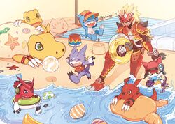  1boy agnimon agumon agumon_(digimon_savers) armor ball beach blue_eyes brown_eyes claws commentary_request digimon digimon_(creature) digimon_adventure digimon_adventure_02 digimon_frontier digimon_savers digimon_tamers digimon_universe:_appli_monsters digimon_xros_wars digimon_xros_wars:_toki_wo_kakeru_shounen_hunter-tachi digital_hazard fangs food gatchmon guilmon gumdramon happy holding holding_food horned_mask ice innertube kim_gyuri knees_up korean_commentary long_hair looking_at_another male_focus mask oerba_yun_fang open_mouth running sand seashell shell shoutmon sitting smile swim_ring twitter_username v-mon water 