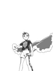  1boy cape champion_uniform closed_mouth eternatus from_below fur-trimmed_cape fur_trim greyscale holding holding_cape holding_clothes holding_poke_ball leggings looking_at_viewer male_focus monochrome nagi_(exsit00) poke_ball pokemon pokemon_(creature) pokemon_swsh shield_print shirt short_hair short_shorts short_sleeves shorts smile sword_print unworn_cape victor_(pokemon) 