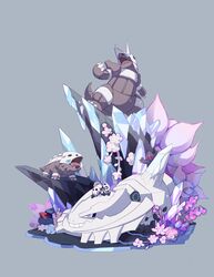  &gt;_&lt; aggron aron blue_eyes claws commentary_request crystal evolutionary_line flower grey_background highres lairon lanjiujiu looking_up mega_pokemon mega_steelix no_humans nosepass oerba_yun_fang on_head open_mouth pink_flower pokemon pokemon_(creature) pokemon_on_head sableye standing steelix teeth tongue 