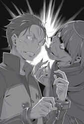  2boys bruise chains clenched_teeth collarbone cuffs fingernails from_side greyscale handcuffs head_tilt highres injury jacket long_sleeves male_focus monochrome multiple_boys nail_polish natsuki_subaru non-web_source novel_illustration official_art ootsuka_shin&#039;ichirou petelgeuse_romaneeconti re:zero_kara_hajimeru_isekai_seikatsu sharp_fingernails shiny_skin short_hair sweatdrop teeth tongue tongue_out track_jacket zipper 