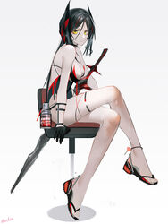  absurdres arknights black_gloves black_hair breasts chair cleavage crossed_legs demon_horns female full_body gloves highres horns ines_(arknights) large_breasts long_hair looking_at_viewer mackia sandals simple_background sitting solo swimsuit white_background yellow_eyes 