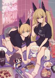  2girls absurdres alternate_hairstyle black_shirt blonde_hair blue_shorts bottle burger candy cereal cereal_box character_request chocolate chocolate_bar clothes_writing commentary copyright_name deg_(deguana) dr_pepper english_commentary english_text food froot_loops full_body green_eyes hair_between_eyes hershey&#039;s highres idolmaster idolmaster_cinderella_girls kurosaki_chitose long_hair m&amp;m&#039;s milk_bottle miyamoto_frederica multiple_girls neon_lights pepperoni pizza pizza_box plate powerpuff_girls print_shirt red_eyes shirt short_hair shorts sitting socks soda soda_bottle tile_wall tiles toucan_sam very_long_hair white_legwear 