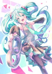  aqua_eyes aqua_hair aqua_necktie bare_shoulders black_skirt black_sleeves black_thighhighs collared_shirt commentary_request detached_sleeves feet_out_of_frame female grey_shirt hair_between_eyes hatsune_miku hatsune_miku_expo highres holding ittokyu long_hair long_sleeves necktie pleated_skirt shirt skirt sleeveless sleeveless_shirt sleeves_past_wrists solo thighhighs tie_clip very_long_hair vocaloid wide_sleeves 