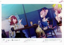  3girls absurdres atelier_(series) atelier_lydie_&amp;_suelle bare_shoulders blush bow brown_eyes brown_hair cone_hair_bun corneria_(atelier) dalachi_(headdress) drinking game_cg hair_bun hair_ornament hairband highres japanese_clothes kimono long_hair multiple_girls noco_(adamas) official_art open_mouth pink_eyes pink_hair scan short_hair sleeves_past_wrists smile sophie_neuenmuller suelle_marlen sweatdrop 