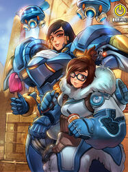  2girls black_hair brown_hair dark_skin fur_coat hairpin ice_cream looking_at_viewer mei_(overwatch) multiple_girls overwatch pharah_(overwatch) power_armor reiq 