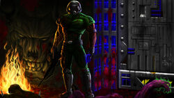  1boy absurdres assault_rifle assault_visor backlighting baron_of_hell blood commentary computer_chip doom_(series) doomguy door english_commentary finfr0sk fire glowing glowing_hand gun helmet highres imp_(doom) male_focus manly muscular photoshop_(medium) rifle science_fiction shin_guards solo trigger_discipline veins weapon 