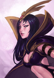  artist_name breasts cleavage commentary_request eyebrows female high_collar highres kienan_lafferty league_of_legends leaning_forward leblanc_(league_of_legends) light_smile lips long_hair looking_at_viewer medium_breasts nose parted_lips popped_collar purple_background purple_eyes purple_hair signature solo upper_body 