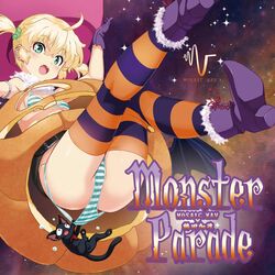  album_cover belt beltskirt bikini bikini_pull blonde_hair boots cover feline gloves green_eyes highres jack-o&#039;-lantern kuuchuu_yousai mosaic.wav open_mouth pig_tail round_teeth solo striped striped_bikini striped_legwear swimsuit tail teeth thighhighs 