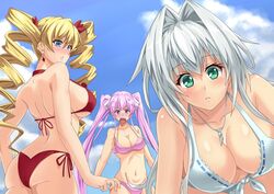  3girls ass bikini blonde_hair blue_eyes breasts claire_harvey cleavage commentary_request drill_hair emilia_hermit green_eyes hundred_(light_novel) kirishima_sakura_(hundred) long_hair multiple_girls namakemono_(u446644k) purple_eyes purple_hair silver_hair swimsuit twin_drills twintails 