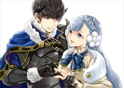  1boy armor berkut_(fire_emblem) black_armor black_hair blue_cape blue_eyes blue_hair braid cape circlet coat commentary_request couple crown_braid female fire_emblem fire_emblem_echoes:_shadows_of_valentia fur_coat jewelry long_hair protected_link purple_eyes putting_on_jewelry renkonmatsuri rinea_(fire_emblem) ring short_hair simple_background straight wedding_ring white_background 