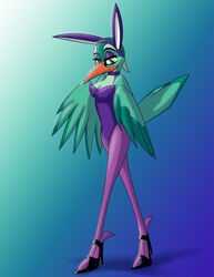  anthro avian beak biped bird breasts bunny_costume cleavage clothed clothing coraciiform costume eyebrows eyelashes fake_ears fake_rabbit_ears feather_6 feathered_wings feathers female footwear green_body green_eyes green_feathers half-closed_eyes high_heels kingfisher narrowed_eyes non-mammal_breasts pose seana shoes simple_background solo whitephoenix52 wings 