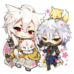  2boys animal animal_on_head armor black_gloves chibi commentary_request earrings fox fox_shadow_puppet gloves japanese_armor japanese_clothes jewelry kogitsunemaru konnosuke lowres magatama magatama_earrings male_focus menpoo military military_uniform multiple_boys nakigitsune nakigitsune&#039;s_fox necktie oerba_yun_fang on_head red_eyes smile touken_ranbu uniform white_hair yellow_eyes yousagi 