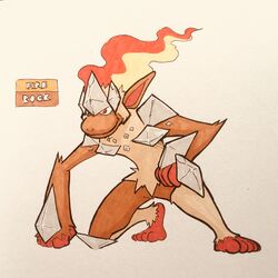  2018 5_fingers 5_toes alternate_color ambiguous_gender anthro arm_tuft athletic athletic_ambiguous athletic_anthro biped brown_body brown_fur elemental_creature english_text fakemon featureless_crotch feet fingers fire firefightdex fist flaming_hair full-length_portrait fur generation_4_pokemon hand_on_hip hatching_(art) hi_res humanoid_feet humanoid_hands infernape kneeling leg_tuft mammal marco_fanjul marker_(artwork) mineral_fauna mixed_media multicolored_body multicolored_fur nintendo nude pen_(artwork) plantigrade pokemon pokemon_(species) portrait primate pseudo_clothing pseudo_hair raised_heel red_body red_eyes red_skin rock shaded shadow side_view simple_background smile solo tan_body tan_fur text toes toony traditional_media_(artwork) tuft two_tone_body two_tone_fur white_background 