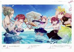  6+girls :d ;d absurdres atelier_(series) atelier_lydie_&amp;_suelle bare_shoulders barefoot beach beach_umbrella belt blonde_hair blue_eyes blush book breasts brown_hair crossed_legs drink firis_mistlud game_cg gloves green_eyes grin hair_ornament hairband highres long_hair lucia_borthayre lydie_marlen mireille_ferrier_adalett multiple_girls noco_(adamas) official_art one_eye_closed open_mouth pink_eyes pink_hair profile red_eyes red_hair scan siblings side_ponytail sideless_outfit sisters sitting skirt small_breasts smile sophie_neuenmuller splashing standing suelle_marlen twintails umbrella wading water yuugen 