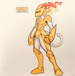  2018 alternate_color ambiguous_gender anthro armor athletic athletic_ambiguous athletic_anthro biceps biped boots breastplate clothed clothing cosplay crossover crossover_cosplay english_text fakemon featureless_crotch fire firefightdex fist flaming_hair footwear full-length_portrait gauntlets generation_4_pokemon gloves gold_(metal) greaves handwear headgear helmet hi_res humanoid_hands infernape king_arthur king_arthur_and_the_knights_of_justice long_tail looking_at_viewer mammal marco_fanjul marker_(artwork) mixed_media nintendo pauldron pen_(artwork) plantigrade plate_mail pokemon pokemon_(species) poleyn portrait primate pseudo_hair red_eyes shadow side_view simple_background solo standing tail text toony traditional_media_(artwork) white_background white_body white_tail 