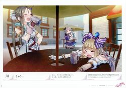  3girls absurdres atelier_(series) atelier_lydie_&amp;_suelle blonde_hair blue_eyes blush bow brown_hair closed_eyes drinking firis_mistlud game_cg gloves hair_ornament hairband hairbow highres ilmeria_von_leinweber long_hair lydie_marlen multiple_girls official_art pink_eyes pink_hair scan short_hair side_ponytail smile table umbrella yuugen 