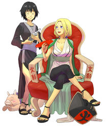  2girls bottle chair feet headwear_removed high_heels kaz_(nishi_kaz0112) legs_crossed multiple_girls nail_polish naruto open_shoes pig red_nails red_upholstery sandals shizune_(naruto) sitting toenail_polish toes tonton_(naruto) tsunade 