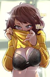  artist_name black_bra blush bra breasts brown_eyes brown_hair clothes_lift covering_own_mouth female floral_print haysey highres kawakami_sadayo large_breasts lifting_own_clothes light looking_at_viewer paid_reward_available persona persona_5 shirt shirt_lift short_hair shy solo striped_clothes striped_shirt sweater underwear yellow_sweater 