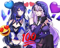  2girls acheron_(honkai:_star_rail) bare_shoulders black_choker black_gloves black_swan_(honkai:_star_rail) blue_eyes blue_hair breasts chibiya1010 choker cleavage coat commentary_request criss-cross_halter dress emoji fingerless_gloves gloves halterneck heart highres honkai:_star_rail honkai_(series) large_breasts long_hair looking_at_another midriff multiple_girls navel parted_lips purple_dress purple_eyes purple_hair simple_background sitting smiling_face_with_heart-shaped_eyes_emoji veil very_long_hair white_background white_coat 