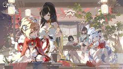  5girls absurdres animal_ears azur_lane black_hair blonde_hair blue_hair bodhi_wushushenghua china_dress chinese_clothes commentary copyright_name copyright_notice dragon_girl dragon_horns dress english_commentary hair_over_one_eye harbin_(azur_lane) highres horns hu_pen_(azur_lane) hu_pen_(prancing_tiger_welcomes_the_spring)_(azur_lane) huan_ch&#039;ang_(azur_lane) huan_ch&#039;ang_(dance_beneath_the_moonlight)_(azur_lane) lantern leaf light_blue_hair logo long_hair lung_wu_(ascendant_dragon&#039;s_spring_feast)_(azur_lane) lung_wu_(azur_lane) multicolored_hair multiple_girls official_alternate_costume official_art outdoors paper_lantern red_footwear second-party_source snake snow streaked_hair tai_yuan_(azur_lane) tai_yuan_(retrofit)_(azur_lane) tail tiger_ears tiger_girl tiger_tail tree very_long_hair 