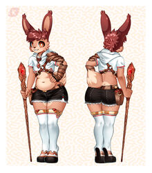  absurd_res anthro armor ass belt big_butt boots border bottomwear brown_body brown_eyes brown_fur brown_hair clothing crop_top digital_media_(artwork) ears_up femboy footwear fur gauntlets gem glass_(oc) gloves hair handwear healer hi_res hoodie jewelry kenoxpictures lagomorph legwear leporid magic_user male mammal necklace pear-shaped_figure pouch_(clothing) rabbit ruby_(gem) shirt shorts slightly_chubby slightly_chubby_male smile solo staff tail teeth thick_thighs thigh_boots thigh_highs topwear white_border wide_hips 