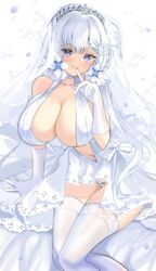  absurdres azur_lane bare_shoulders breasts bridal_veil center_opening cleavage collarbone commentary_request dress feet_out_of_frame female finger_to_mouth flower gloves hair_flower hair_ornament halter_dress halterneck highres huge_breasts illustrious_(azur_lane) illustrious_(morning_star_of_love_and_hope)_(azur_lane) kisahipi lace-trimmed_dress lace_trim long_hair looking_at_viewer md5_mismatch mole mole_under_eye official_alternate_costume panties purple_eyes revealing_clothes rose shirt simple_background sleeveless sleeveless_shirt smile solo thighhighs tiara tri_tails underwear veil wedding_dress white_background white_dress white_flower white_gloves white_hair white_panties white_rose white_theme white_thighhighs 