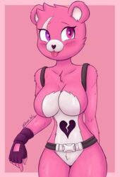  2024 absurd_res anthro bear belt big_breasts blush breasts clothing cuddle_team_leader digital_media_(artwork) dmoon epic_games eye_scar facial_scar female fortnite fur gloves handwear hi_res looking_at_viewer mammal pink_body pink_fur scar simple_background smile solo thick_thighs tongue tongue_out white_body white_fur 