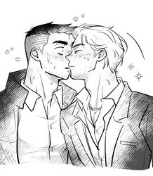  2boys bara blush couple david_king_(dead_by_daylight) dead_by_daylight felix_richter greyscale hair_slicked_back highres jewelry kissing male_focus monochrome multiple_boys necklace pectoral_cleavage pectorals short_hair sparkle_background suit sweatdrop undercut upper_body wasted_m9 yaoi 