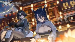  5girls aqua_eyes aqua_hair azur_lane black_hair black_mask blue_hair bodysuit breasts chestnut_mouth chi_an_(azur_lane) chinese_clothes cleavage closed_mouth cone_hair_bun copyright_name copyright_notice dark_blue_hair fei_yuen_(azur_lane) hair_between_eyes hair_bun hand_fan highres holding holding_fan hu_pen_(azur_lane) huan_ch&#039;ang_(azur_lane) kuga_huna large_breasts long_hair long_sleeves looking_at_another looking_down lung_wu_(azur_lane) manjuu_(azur_lane) mole mole_under_eye multicolored_hair multiple_girls night official_art outdoors parted_lips shorts sitting smile star_(symbol) two-tone_hair 