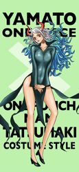  bare_legs breasts character_name copyright_name cosplay dress female floating_hair green_background green_dress head_tilt high_collar highres hip_vent horns large_breasts long_hair looking_at_viewer multicolored_hair one-punch_man one_piece open_mouth orange_eyes red_horns tatsumaki tatsumaki_(cosplay) thighs v_arms yamato_(one_piece) zuberubar 