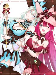  2girls baobhan_sith_(fate) baobhan_sith_(valentine_witches)_(fate) bare_shoulders blue_bow blue_dress blue_eyes blue_headwear blue_nails blush bow breasts cleavage closed_mouth commentary cowboy_shot dress earrings fate/grand_order fate_(series) fingernails frilled_wrist_cuffs frills grey_eyes hair_between_eyes halter_dress halterneck hat heart highres holding holding_another&#039;s_arm inset_border jewelry kawairuka_ko long_hair looking_at_another looking_at_viewer medium_breasts morgan_le_fay_(fate) morgan_le_fay_(valentine_witches)_(fate) mother_and_daughter multiple_girls nail nail_polish oerba_yun_fang off-shoulder_dress off_shoulder one_eye_closed open_mouth pink_hair pink_headwear pointy_ears red_bow red_dress red_nails sidelocks sleeveless sleeveless_dress smile valentine wand white_background white_hair witch_hat wrist_cuffs 