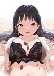  absurdres black_bra black_hair boku_no_kokoro_no_yabai_yatsu bra breasts breasts_squeezed_together brown_eyes chinese_commentary chocolate cleavage collarbone collared_shirt commentary_request female food_between_breasts highres lace lace_bra large_breasts long_hair looking_at_viewer lying navel on_back open_mouth painnico shirt solo underwear upper_body white_shirt yamada_anna 