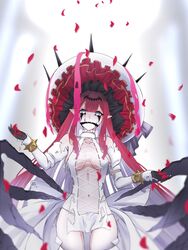  baobhan_sith_(fate) baobhan_sith_(third_ascension)_(fate) bare_shoulders bracelet breasts cross-laced_clothes detached_sleeves dress facial_mark falling_petals fangs fate/grand_order fate_(series) female frilled_hat frills gagged grey_eyes hair_ornament hat highres jewelry kawairuka_ko large_hat long_hair looking_at_viewer navel panties petals pink_hair pointy_ears revealing_clothes sidelocks solo spiked_bracelet spikes tears underwear white_background white_dress white_panties 