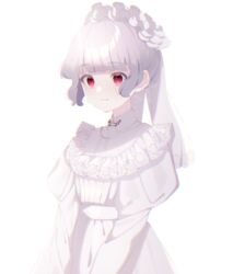  albino blunt_bangs cowboy_shot dress empty_eyes female juliet_sleeves lace_trim light_smile long_sleeves looking_away maid maid_headdress mamyouda original puffy_sleeves red_eyes ribbon sidelocks simple_background solo updo white_background white_dress white_hair white_ribbon 