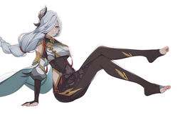  absurdres bare_shoulders blue_eyes blue_hair brown_gloves brown_legwear chinese_clothes closed_mouth elbow_gloves feet female full_body genshin_impact gloves hair_ornament hair_over_one_eye highres looking_at_viewer neprbq on_floor partially_fingerless_gloves shenhe_(genshin_impact) simple_background sitting soles solo toeless_legwear toes white_background 